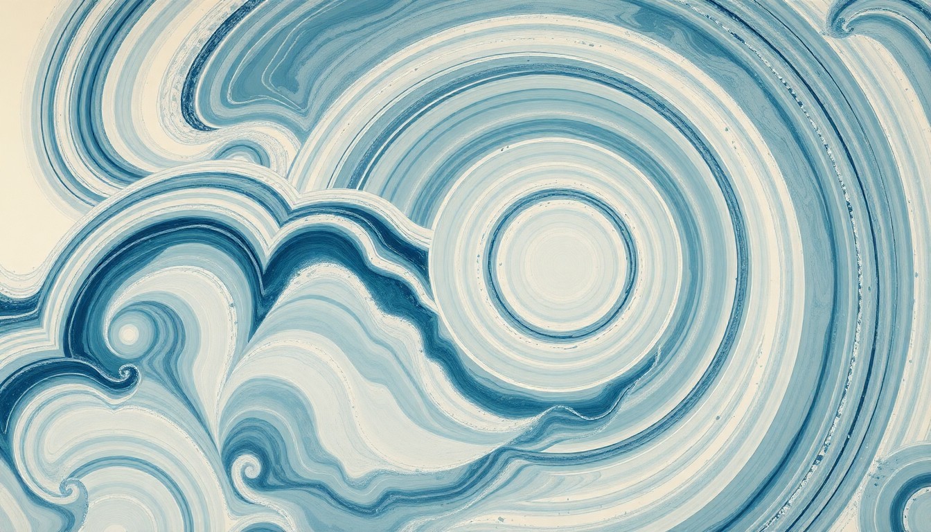 A highly structured abstract painting in soft, earthy tones of blue, green, and gray, depicting sweeping geometric arcs, concentric circles, and precise spirals that conceptually represent the complex ocean currents and upwelling patterns creating localized cooling zones in the Pacific.