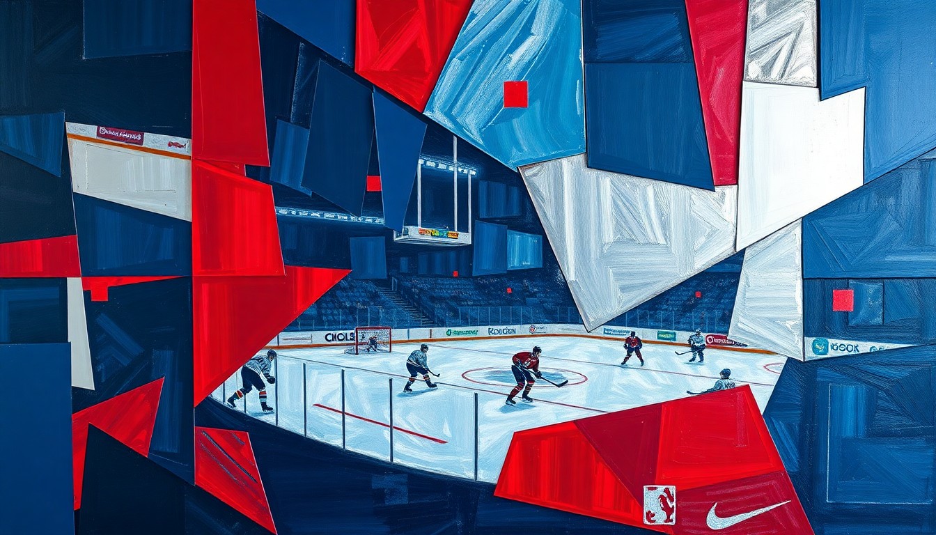A cubist, geometric painting depicting a hockey game, with players and the rink broken down into sharp, overlapping planes of navy, crimson, and silver, conveying the intensity and physicality of the upcoming playoff matchup.