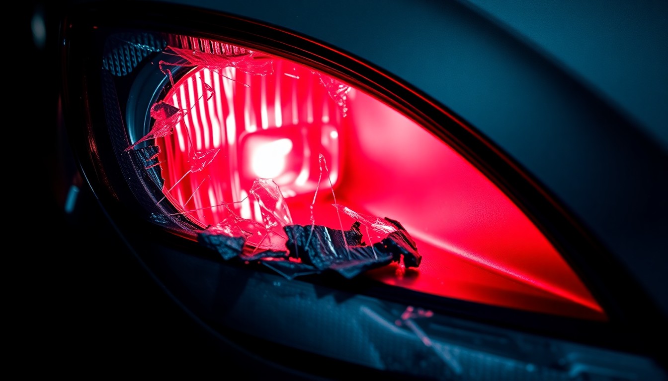 An extreme close-up photograph of a shattered car headlight lens reflecting a faint red glow, conceptually representing the aftermath of a fatal collision between a vehicle and a pedestrian.