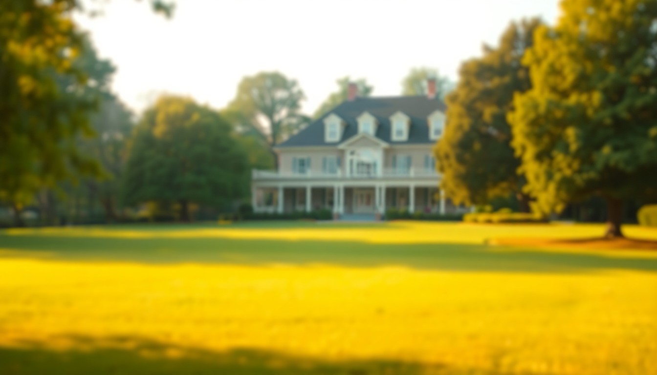 An extremely abstracted, out-of-focus photograph in warm, soft tones depicting a lush green lawn and trees, with the faint outline of a large traditional-style home in the background, conceptually representing the private, serene setting of the luxury property.