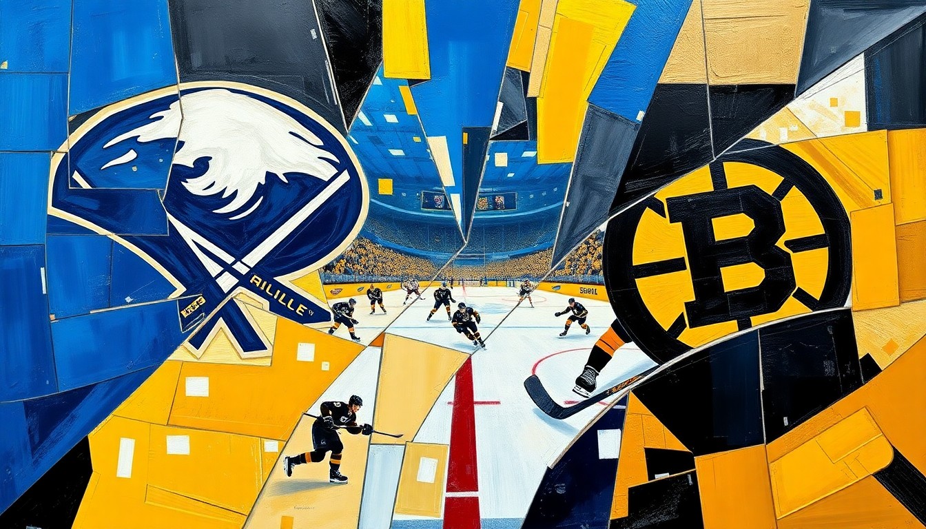 A cubist, geometric painting depicting a hockey playoff game between the Buffalo Sabres and Boston Bruins, with overlapping planes of blue, gold, black, and white representing the players and action on the ice.