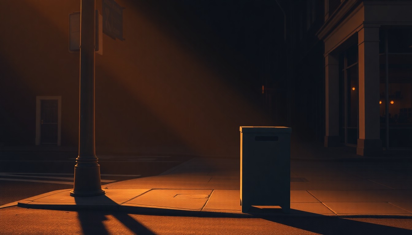 A close-up view of an old, worn ballot box sitting alone on a shadowy city street, the warm sunlight casting deep shadows and giving the scene a pensive, reflective mood.