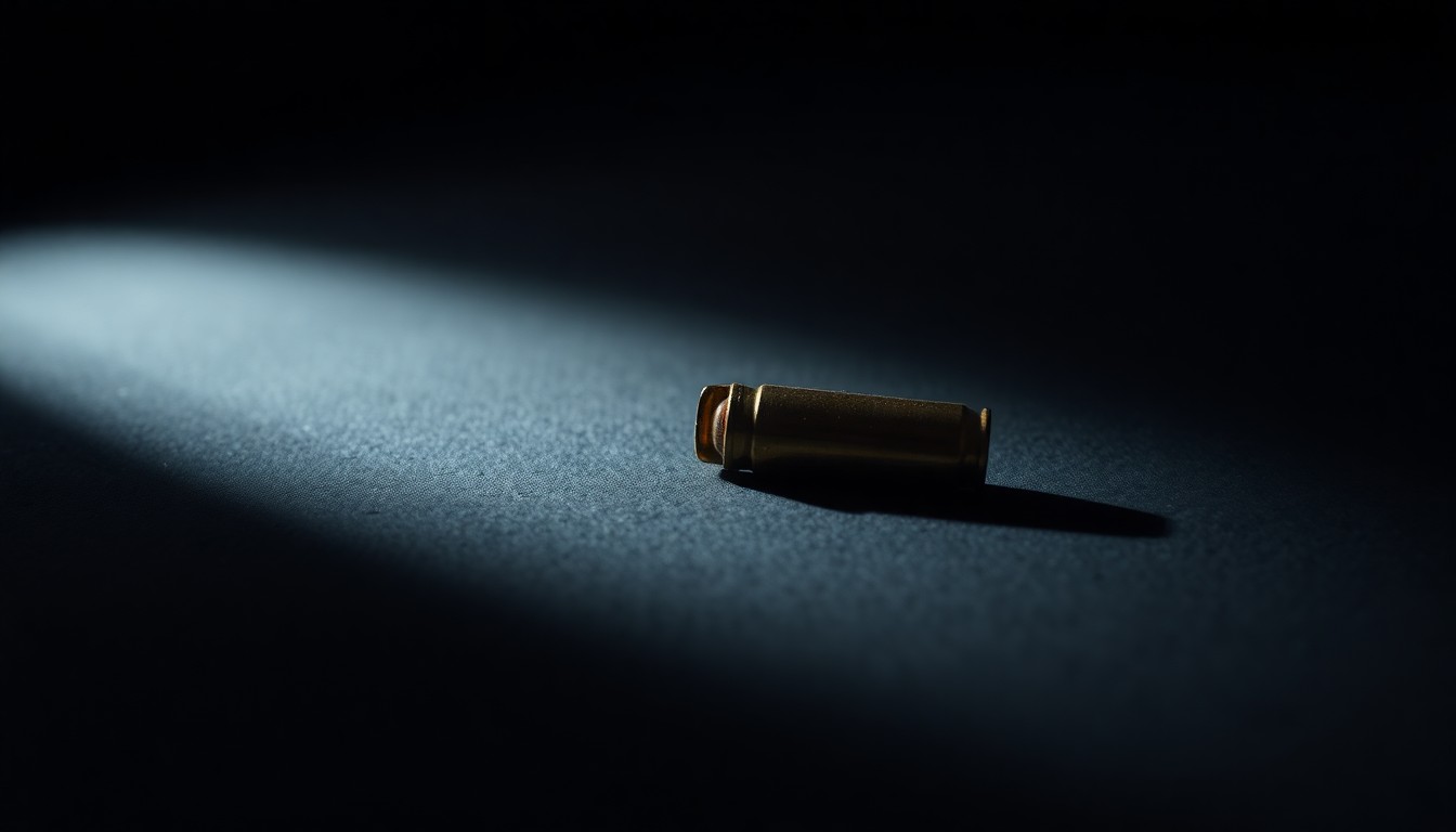 An extreme close-up photograph of a single spent bullet casing on a dark, shadowy surface, lit by a harsh, direct camera flash, conceptually representing the aftermath of gun violence.