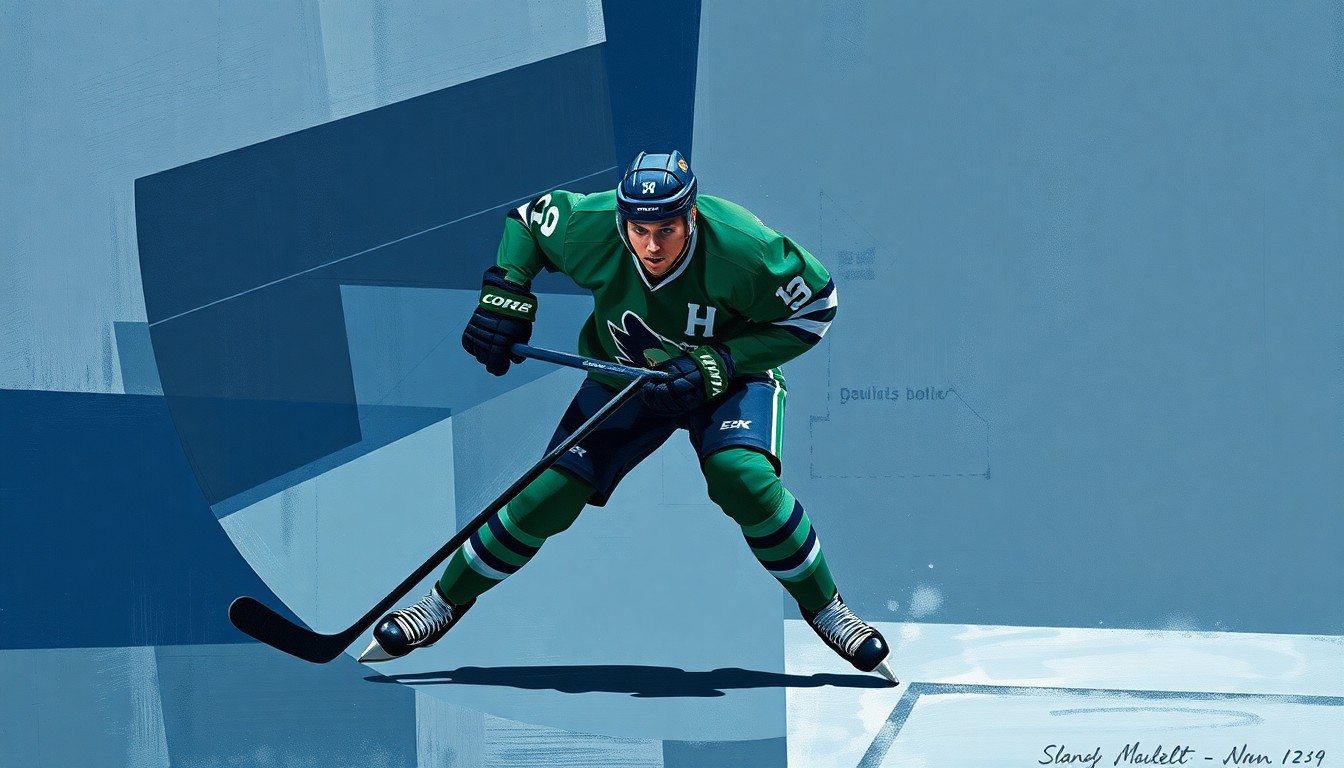 A cubist-style painting featuring overlapping geometric shapes and planes in muted tones of blue, green, and gray, visually deconstructing the movement and action of a hockey player.