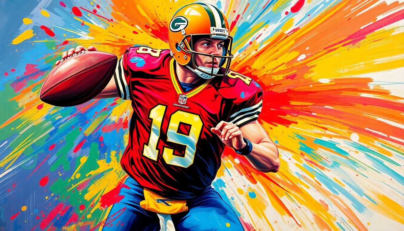 A dynamic, abstract painting in vibrant neon colors depicts the powerful motion and energy of a football quarterback, with the player's features dissolving into expressive brushstrokes.