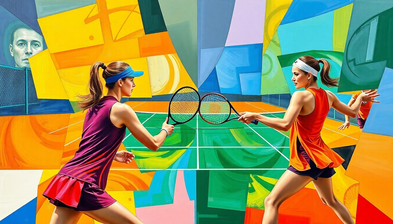 A cubist-style painting depicting a tennis match between two players, with the court and players' uniforms broken down into sharp, overlapping geometric shapes and planes in vibrant colors.
