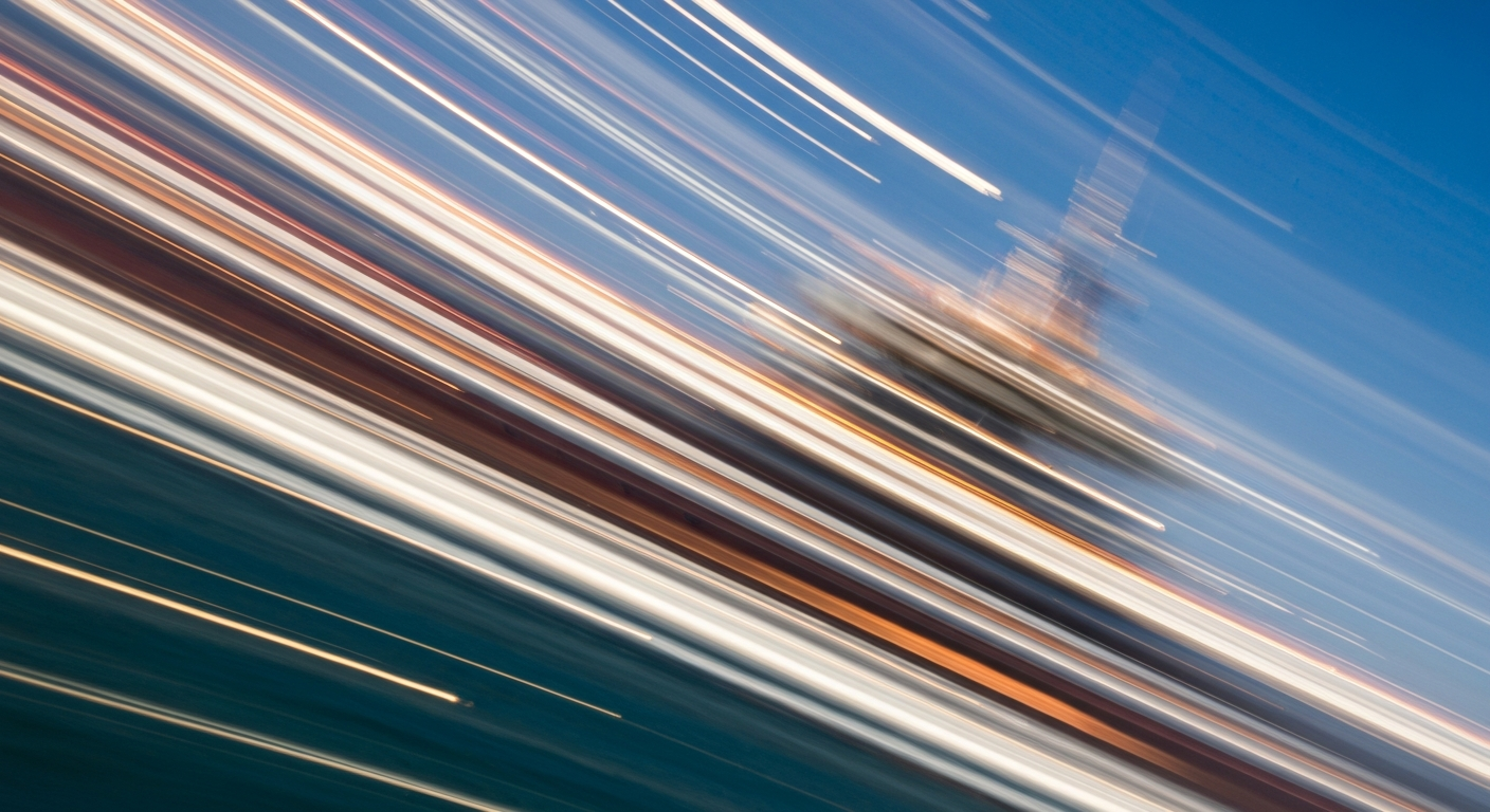 An abstract, motion-blurred image depicting a ship or aircraft disappearing into the Bermuda Triangle, conveying a sense of speed, chaos, and the unknown.
