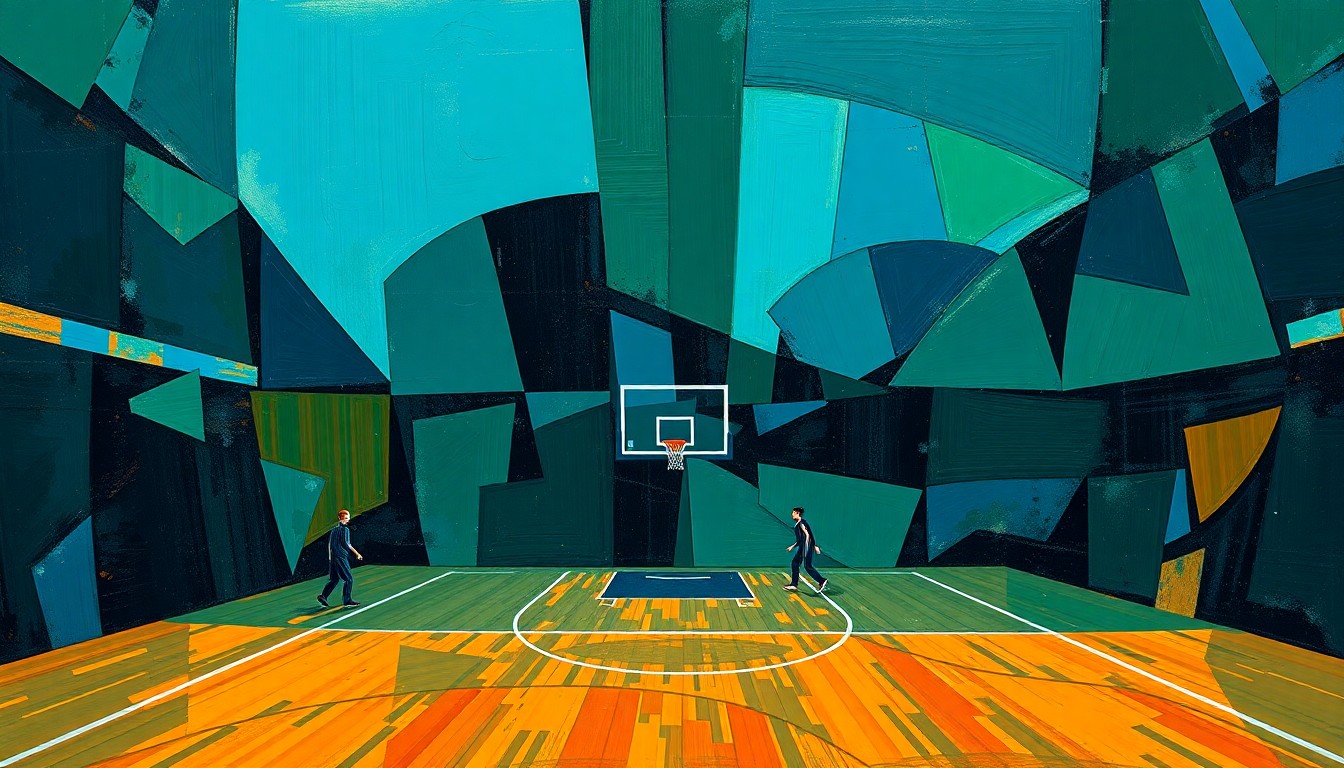 A cubist, geometric painting depicting a fragmented basketball court scene with overlapping planes of color, representing the tensions and uncertainties surrounding Giannis Antetokounmpo and the Milwaukee Bucks organization.