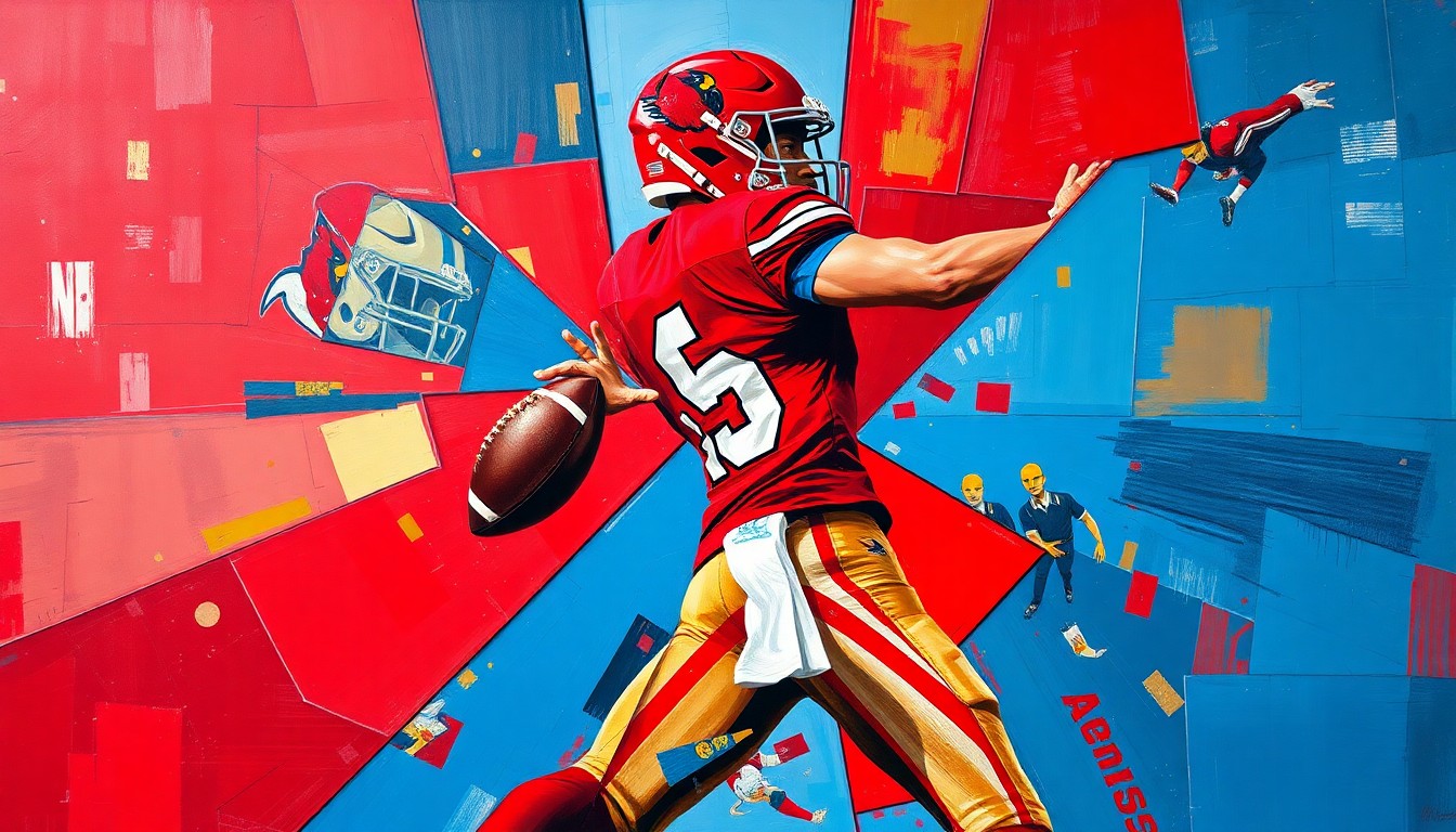 A fragmented, geometric painting depicting a Louisville football player in the act of throwing a pass, with sharp, overlapping planes of color representing the raw athleticism and movement of the sport.