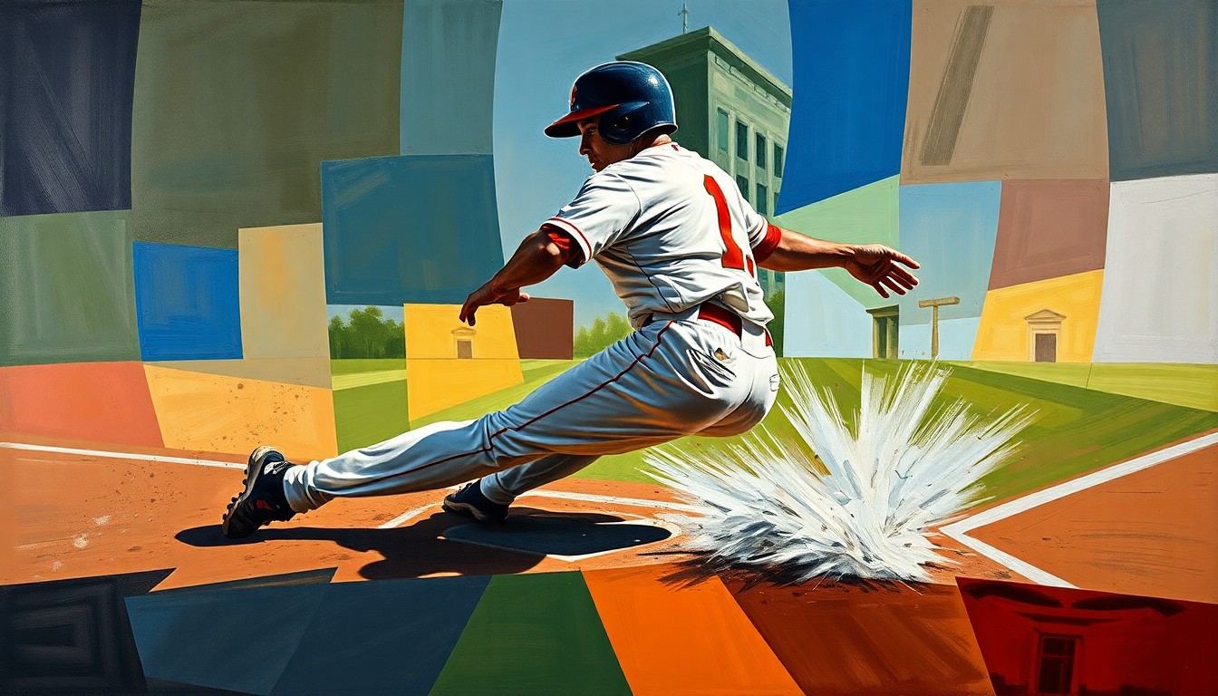 A cubist, deconstructed painting depicting a baseball player sliding into a base, with sharp, overlapping geometric shapes and planes representing the dynamic motion and energy of the play.