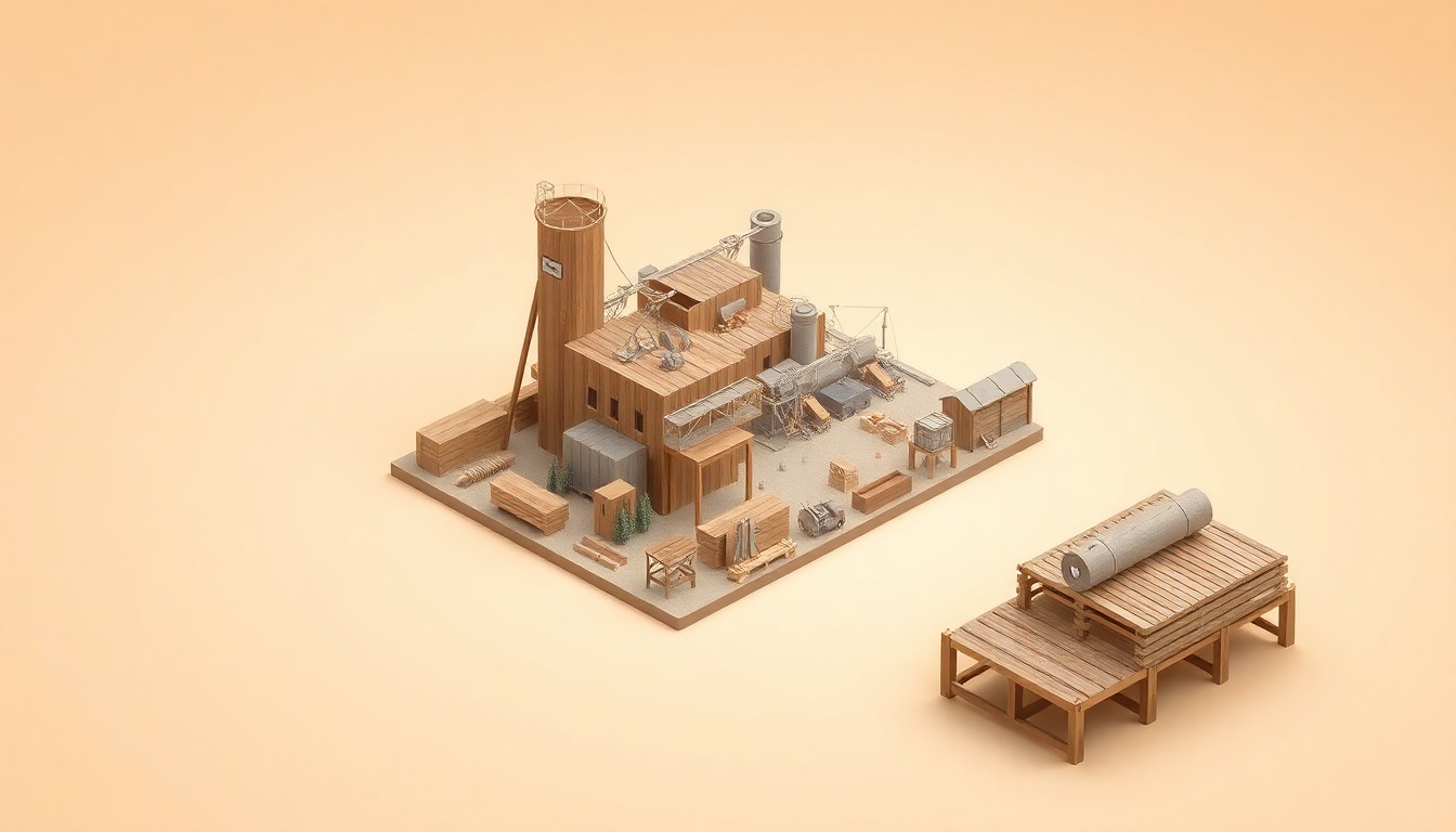 A clean, modern 3D digital illustration depicting a miniature, stylized timber mill or mass timber fabrication facility, with various engineered wood products and machinery floating on a soft pastel background, representing the potential of the timber industry in Tennessee.