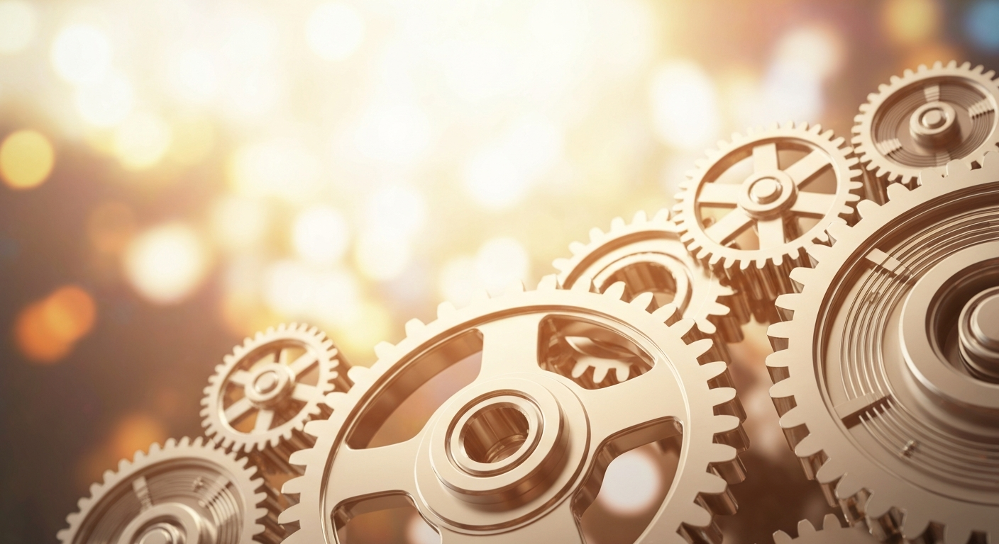 An extreme close-up of heavy, industrial banking machinery and gears, representing Meta's significant capital expenditures on AI infrastructure as the company pursues long-term opportunities in artificial intelligence.