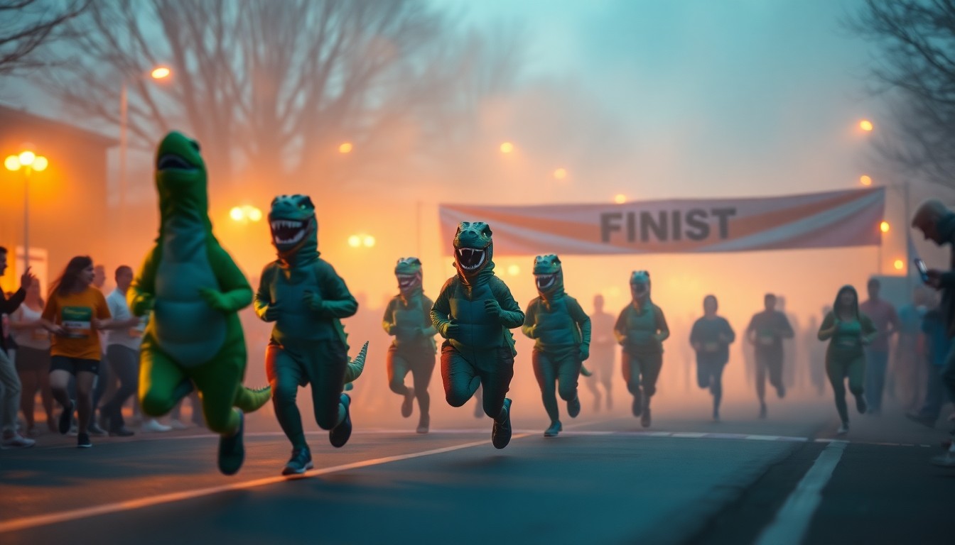 An abstract, out-of-focus scene of runners in colorful dinosaur costumes crossing the finish line of a race, with soft pools of warm light and vibrant hues creating a dreamlike, celebratory atmosphere.