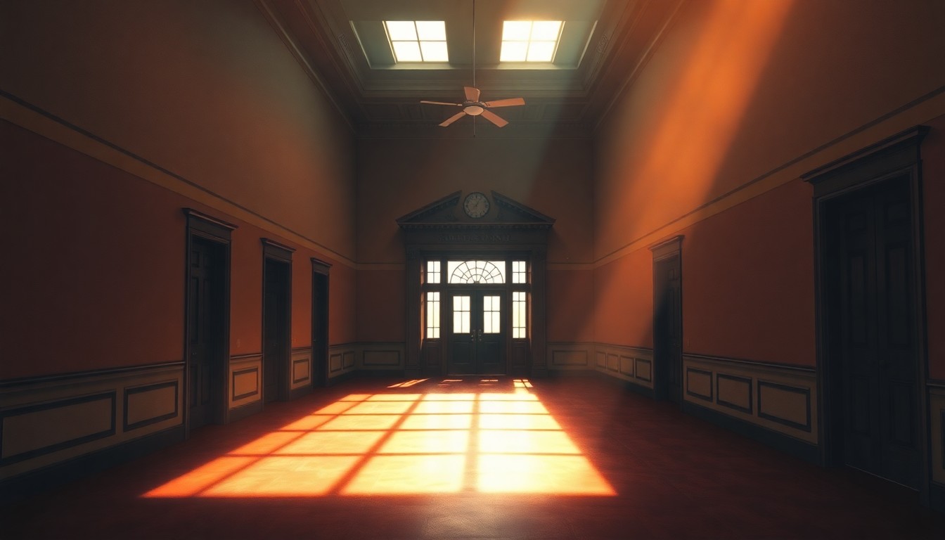 A dimly lit, cinematic interior of a government office or courthouse, with a lone desk or chair bathed in warm, diagonal sunlight, conveying a sense of solitude and contemplation around the topic of indigent legal defense.