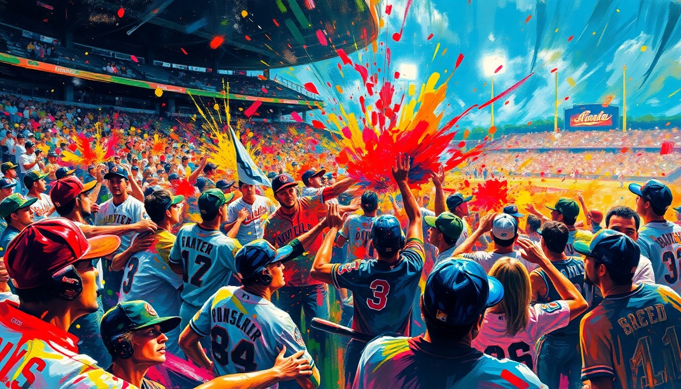 A vibrant, expressionist painting in neon colors showing the blurred, fragmented forms of fans engaged in a brawl, conveying the raw emotion and violence of the scene.