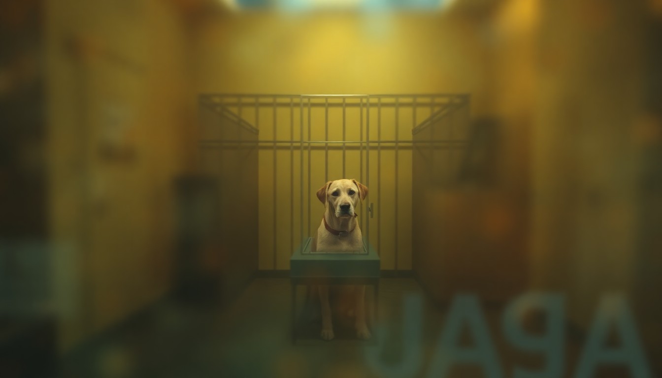 An extremely blurred, impressionistic photograph showing the shadowy outline of a dog curled up in the back corner of a kennel, surrounded by hazy, warm-toned washes of color that evoke a sense of melancholy and isolation.