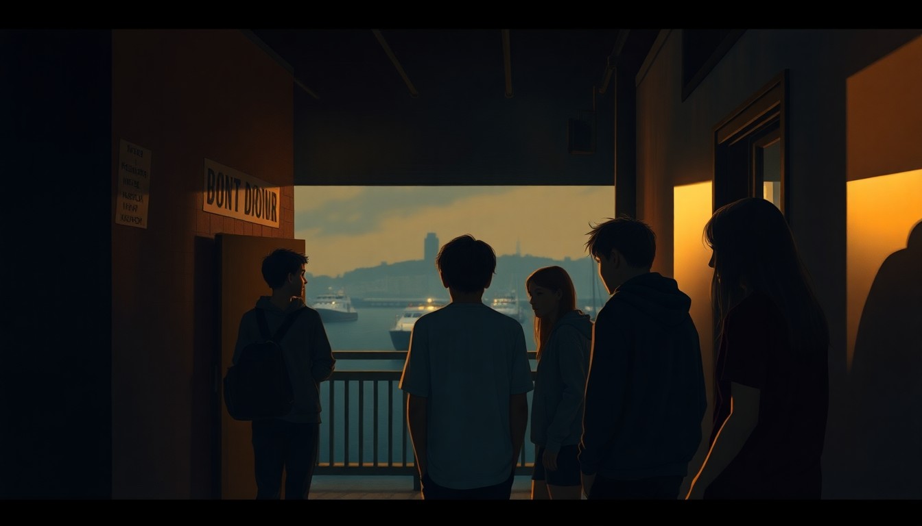 A realistic painting depicting a group of teenagers gathered in a shadowy corner of the Inner Harbor, the scene bathed in warm, cinematic lighting that creates a sense of quiet contemplation and urban melancholy.