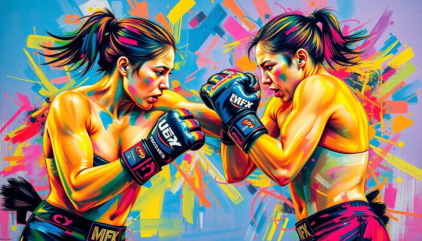 An abstract, neon-colored painting depicting two female MMA fighters in mid-combat, their faces and bodies dissolving into vibrant, energetic brushstrokes that capture the raw power and emotion of the sport.