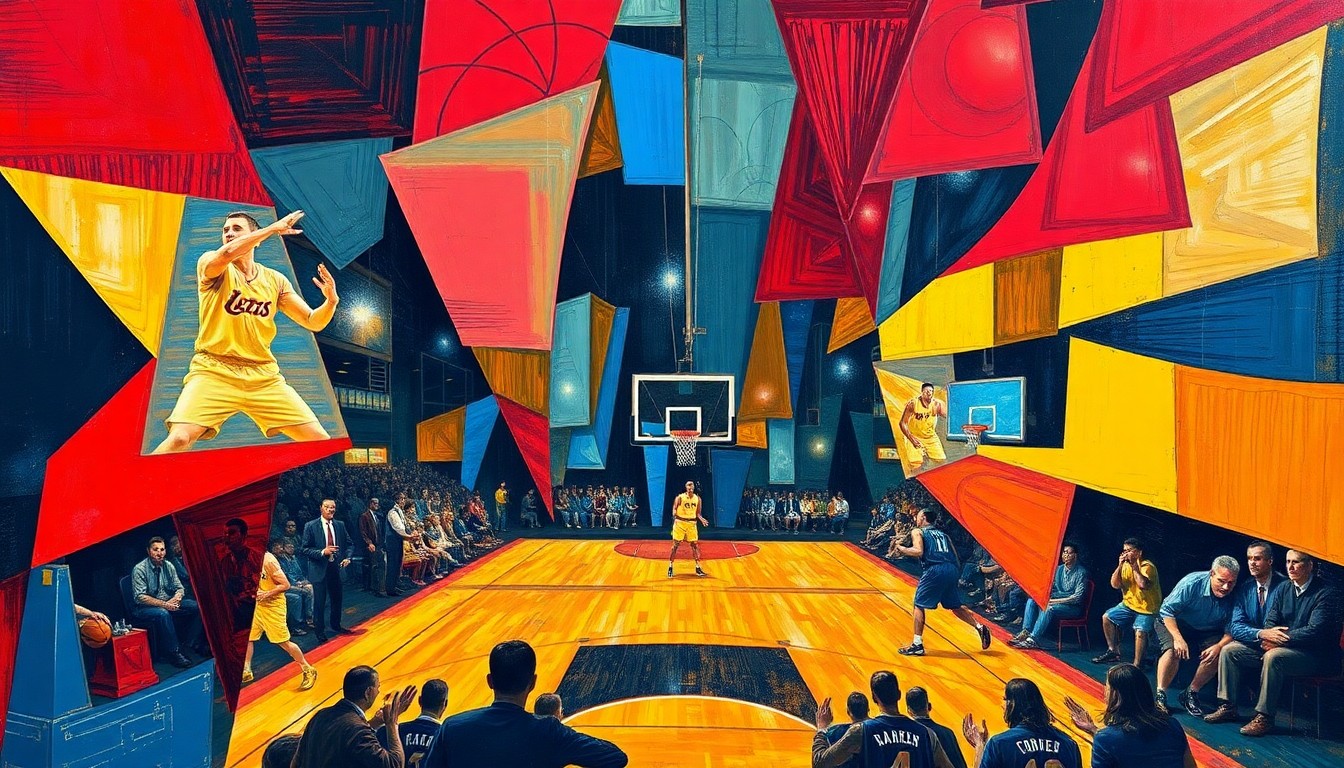 A fractured, cubist-style painting depicting a basketball game in motion, with sharp geometric shapes in crimson, blue, and yellow overlapping to create a dynamic, energetic visual representation of the sport.