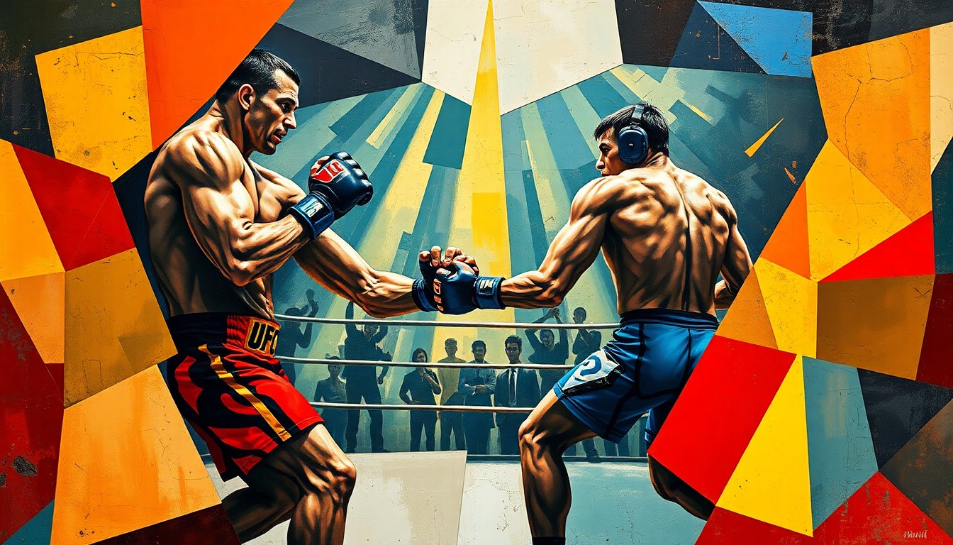 A fractured, geometric painting depicting the abstract forms of two mixed martial artists engaged in an intense grappling match, their bodies and movements broken down into sharp, overlapping planes of color and shape.