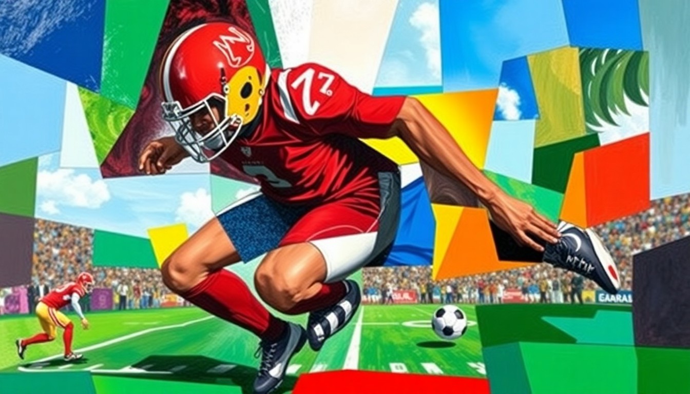 A cubist, geometric painting depicting a fragmented football game, with sharp, overlapping shapes and planes in the team colors of Ohio State, capturing the energy and movement of the sport.