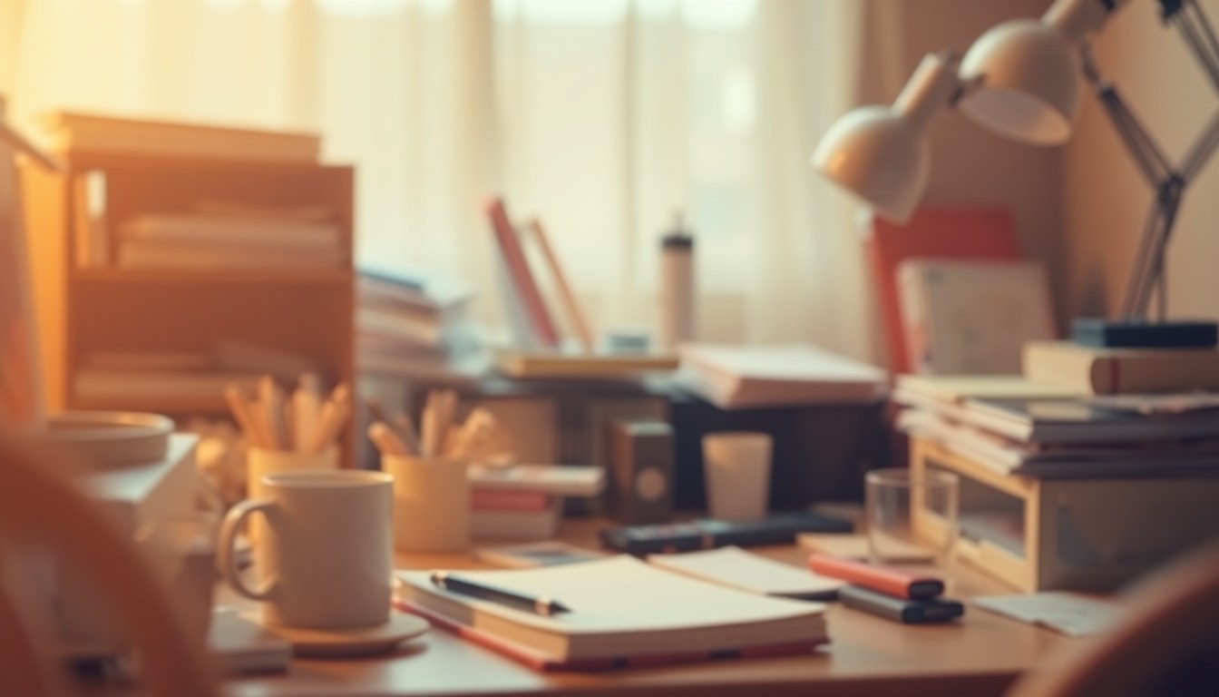An abstract, out-of-focus photograph in warm, hazy tones depicting a cluttered home office space with various lifestyle objects like a mug, notebook, and desk lamp, conceptually representing the emotional experience of decluttering.