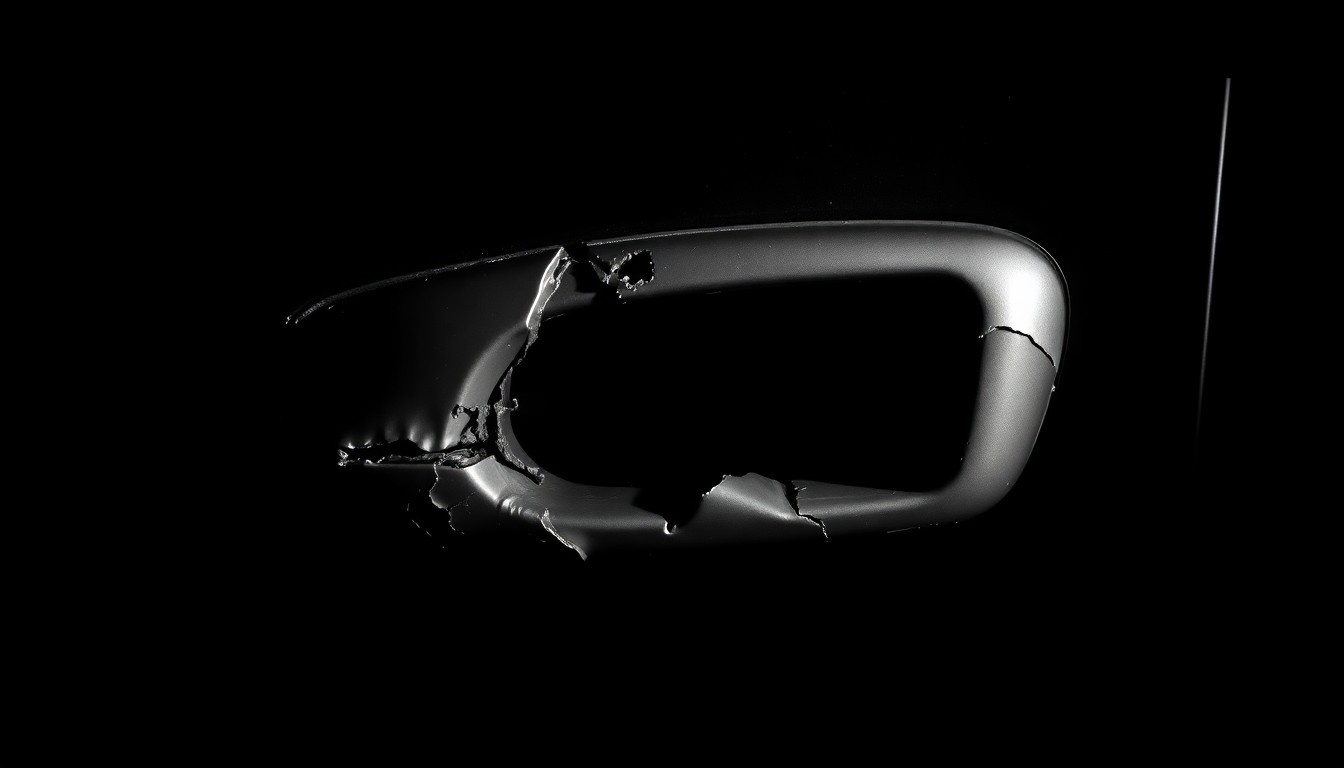 An extreme close-up photograph of a crushed and dented luxury car door handle, conceptually illustrating the vandalism and damage caused by a fraudulent insurance scam.