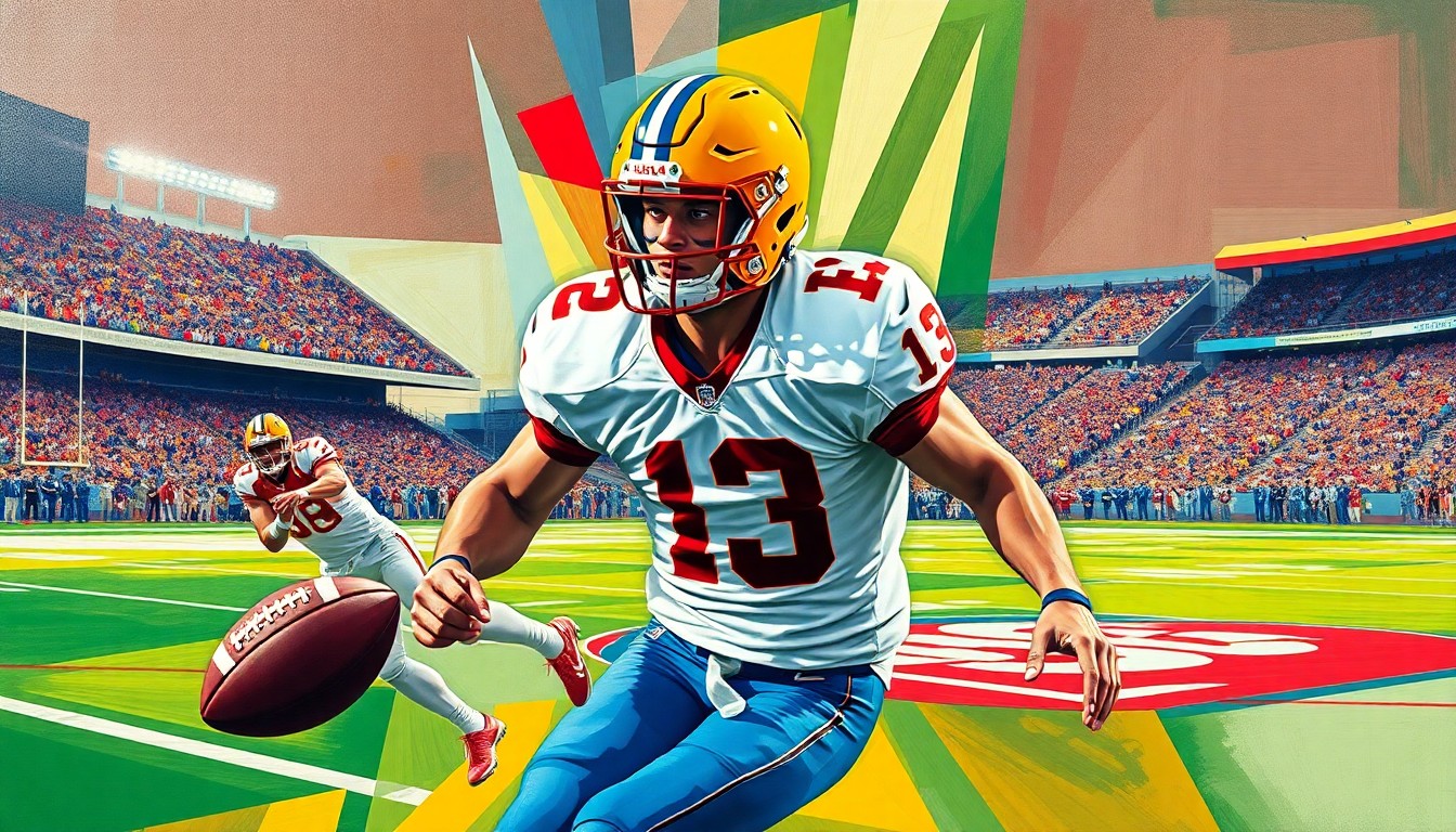 A cubist-style painting depicting a college football player in action, with the player's body and the surrounding environment broken down into sharp, overlapping geometric shapes and planes in vibrant colors.