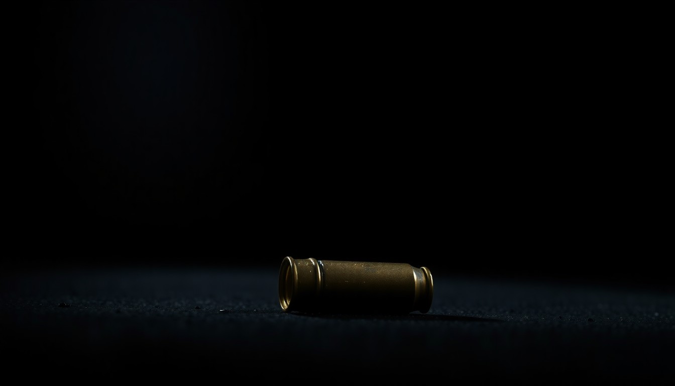 An extreme close-up photograph of a single bullet casing on the ground, lit by a harsh, direct camera flash against a pitch-black background, conceptually representing the investigation into an unsolved crime.