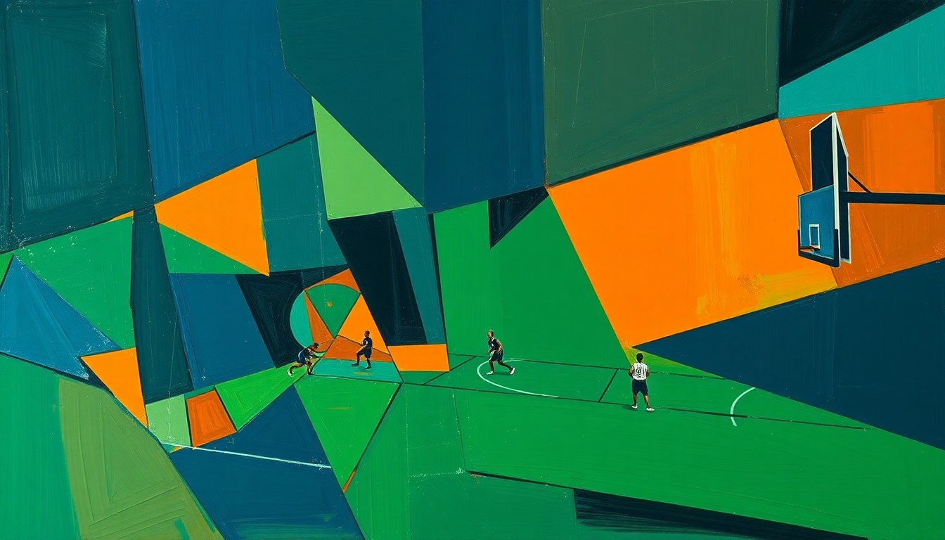 A fragmented, geometric painting in shades of blue, green, and orange, capturing the fluid motion and overlapping perspectives of a basketball game in an abstract, cubist style.