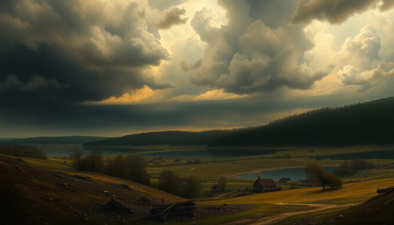 A vast, majestic landscape painting in muted tones of gray, blue, and green, depicting a sweeping view of a storm-ravaged countryside. Damaged homes and debris are barely visible in the distance, dwarfed by the powerful, turbulent weather conditions that dominate the scene.