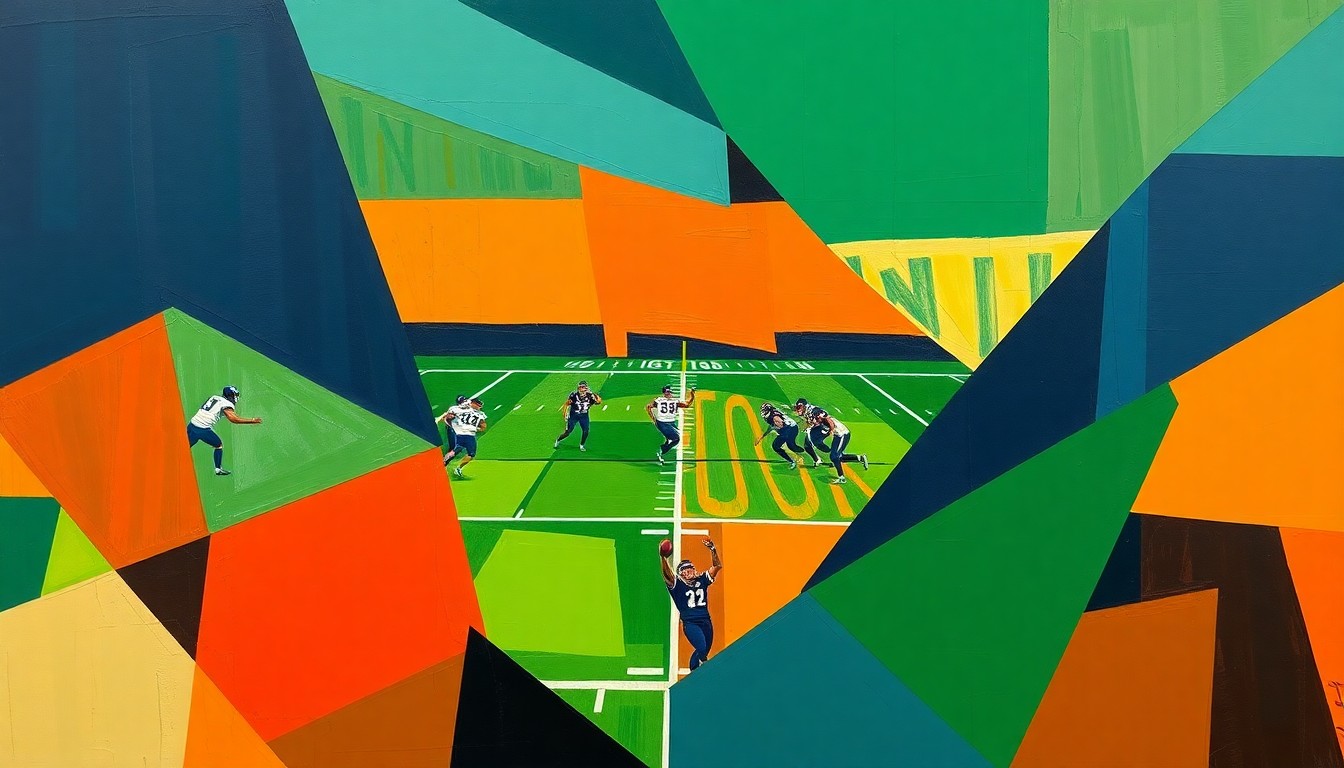 A fractured, multi-perspective painting depicting a college football player in motion, with their movements broken down into sharp, overlapping geometric planes in a Cubist style using deep navy, forest green, and burnt orange colors.