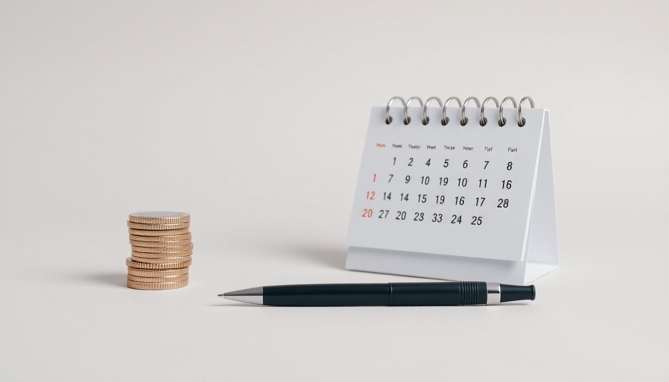 A high-end, photorealistic studio still-life photograph featuring a stack of polished metal coins, a sleek black pen, and a minimalist desk calendar in muted tones, arranged elegantly on a clean, monochromatic background to symbolize the abstract concepts of finance, banking, and corporate strategy.