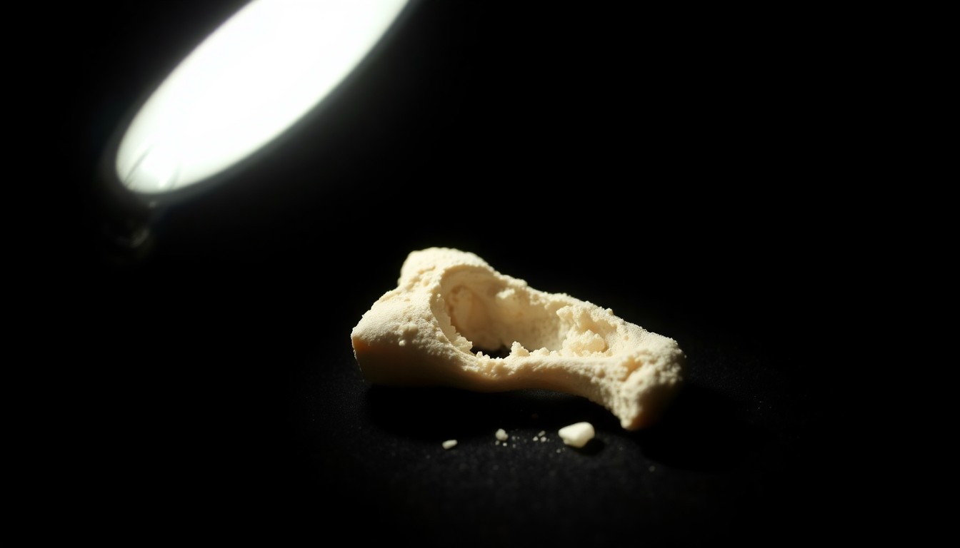 An extreme close-up photograph of a single bone fragment or piece of clothing found at the crime scene, lit by a harsh, direct camera flash against a pitch-black background, conveying a stark, gritty, investigative aesthetic.