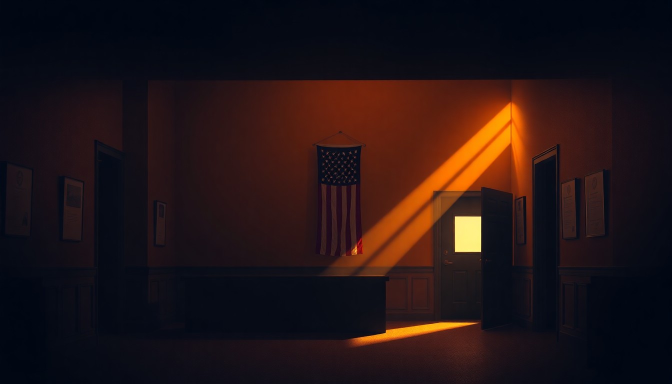 A dimly lit government office with an American flag in the background, the space bathed in warm, diagonal sunlight and deep shadows, conceptually representing the tense political climate surrounding US-Iran relations.