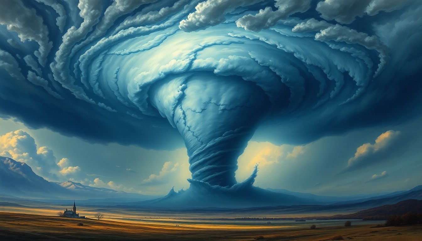 A sweeping, atmospheric landscape painting depicting a massive tornado vortex dominating the horizon, conveying the overwhelming scale and power of the storm through dramatic lighting and deep perspective.