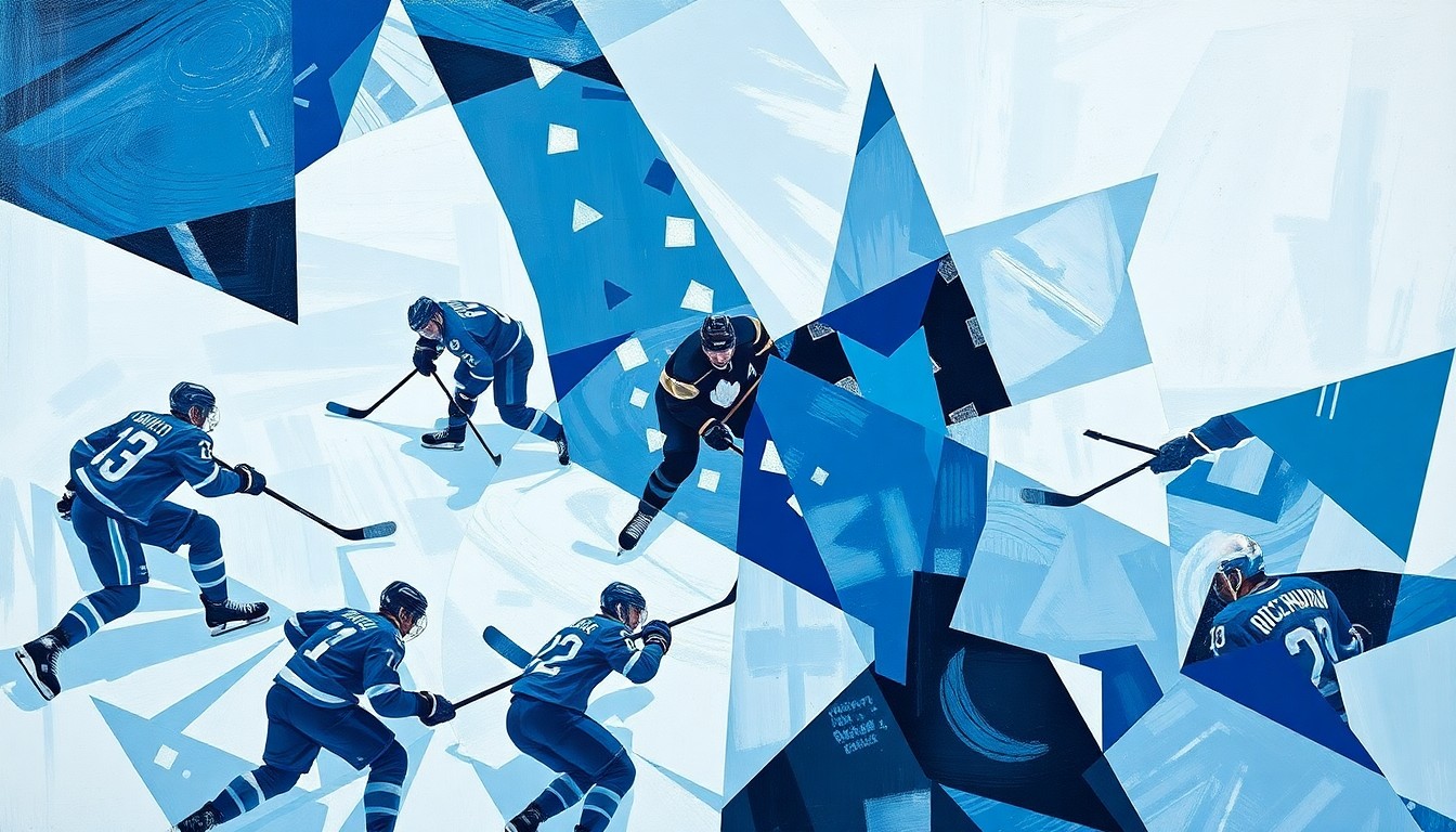 An abstract, cubist-style painting depicting a hockey game, with the players' bodies and equipment broken down into sharp, overlapping geometric shapes in a palette of blues, whites, and grays, conveying the intensity and physicality of the upcoming playoff matchup.