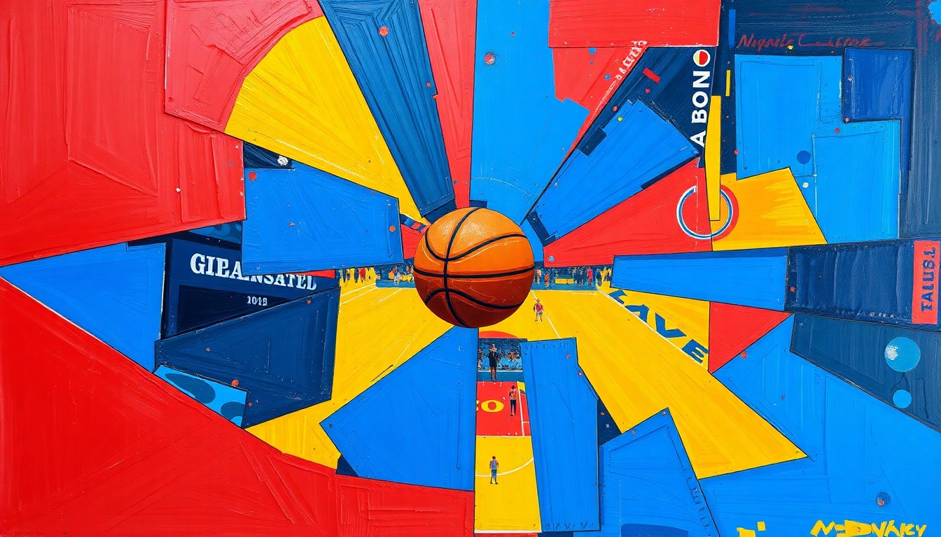 A cubist-style painting featuring overlapping geometric shapes and planes in vibrant colors, capturing the dynamic energy and movement of a basketball game or match.