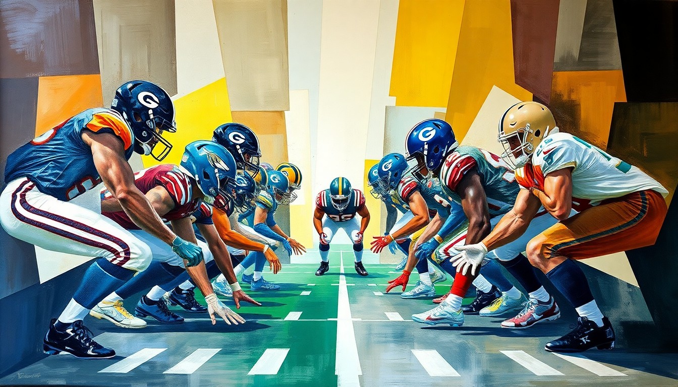 A cubist, geometric painting depicting an NFL offensive line, with players and equipment broken down into sharp, overlapping planes of color and shape, capturing the intricate dynamics of the position.