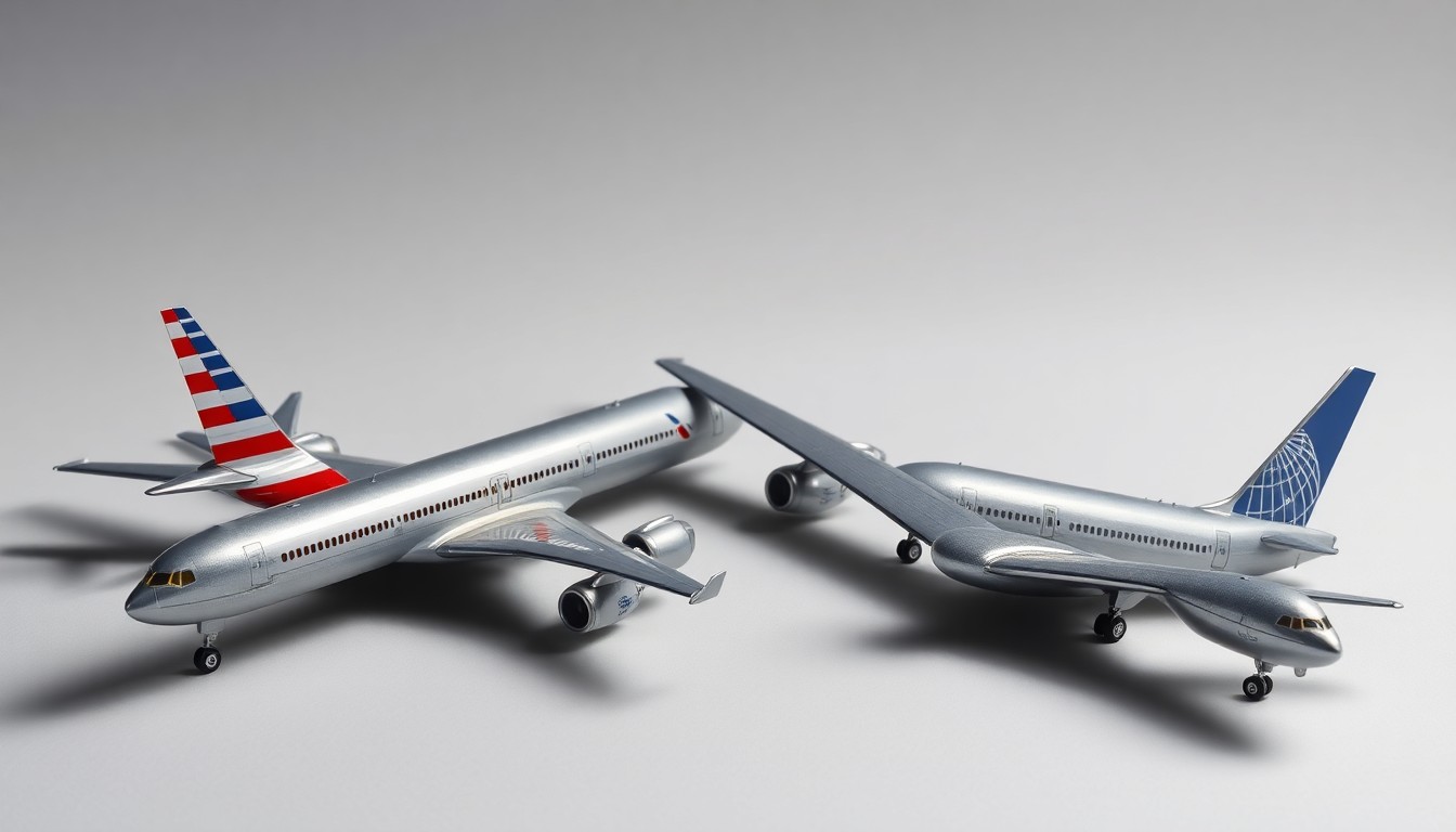 A high-end, photorealistic studio still-life photograph featuring a pair of premium, polished metal airplane models in the colors of American Airlines and United Airlines, arranged elegantly on a clean, monochromatic seamless background. The models use sharp, dramatic studio lighting and deep shadows to represent the abstract corporate strategy and market dynamics behind the potential merger.