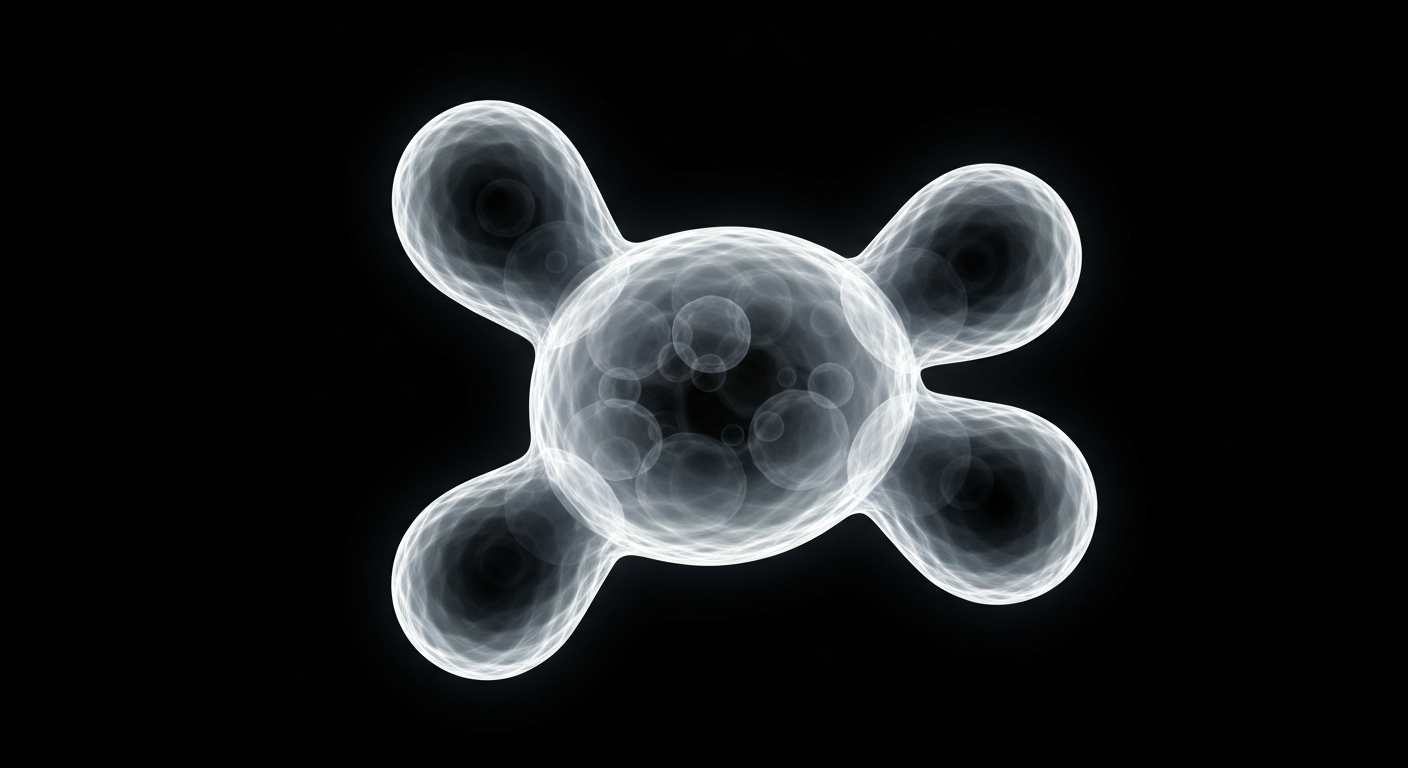 A ghostly, translucent X-ray photograph revealing the molecular structure of a water molecule, glowing against a dark background to represent the unseen presence of PFAS chemicals in drinking water.