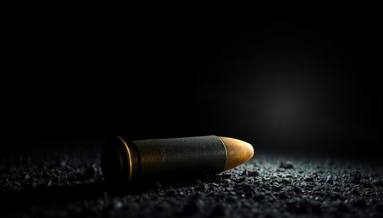 An extreme close-up photograph of a spent shell casing on the ground, lit by a harsh camera flash against a pitch-black background, creating a stark, gritty, investigative aesthetic.