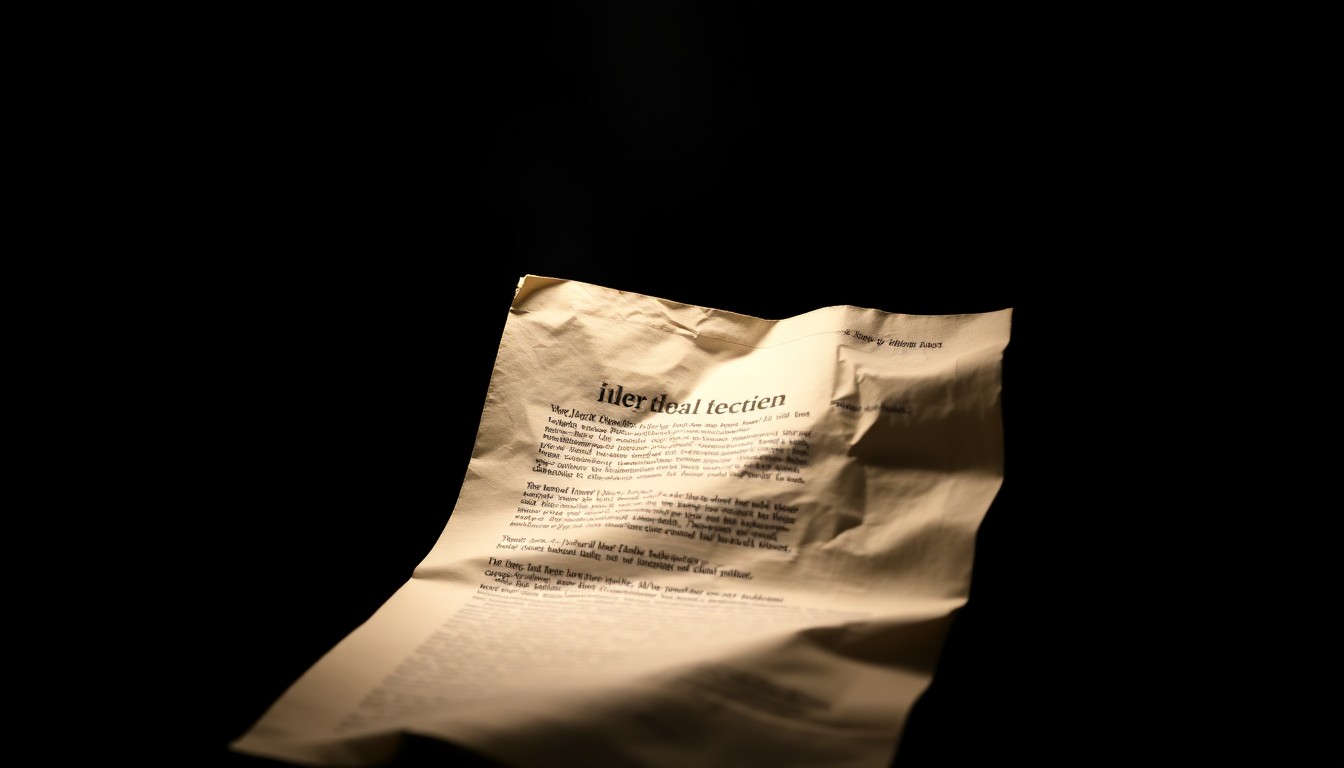 An extreme close-up photograph of a crumpled legal document or demand letter lit by a harsh, direct camera flash against a pitch-black background, conceptually illustrating the intimidating nature of the legal threats against the accusers.