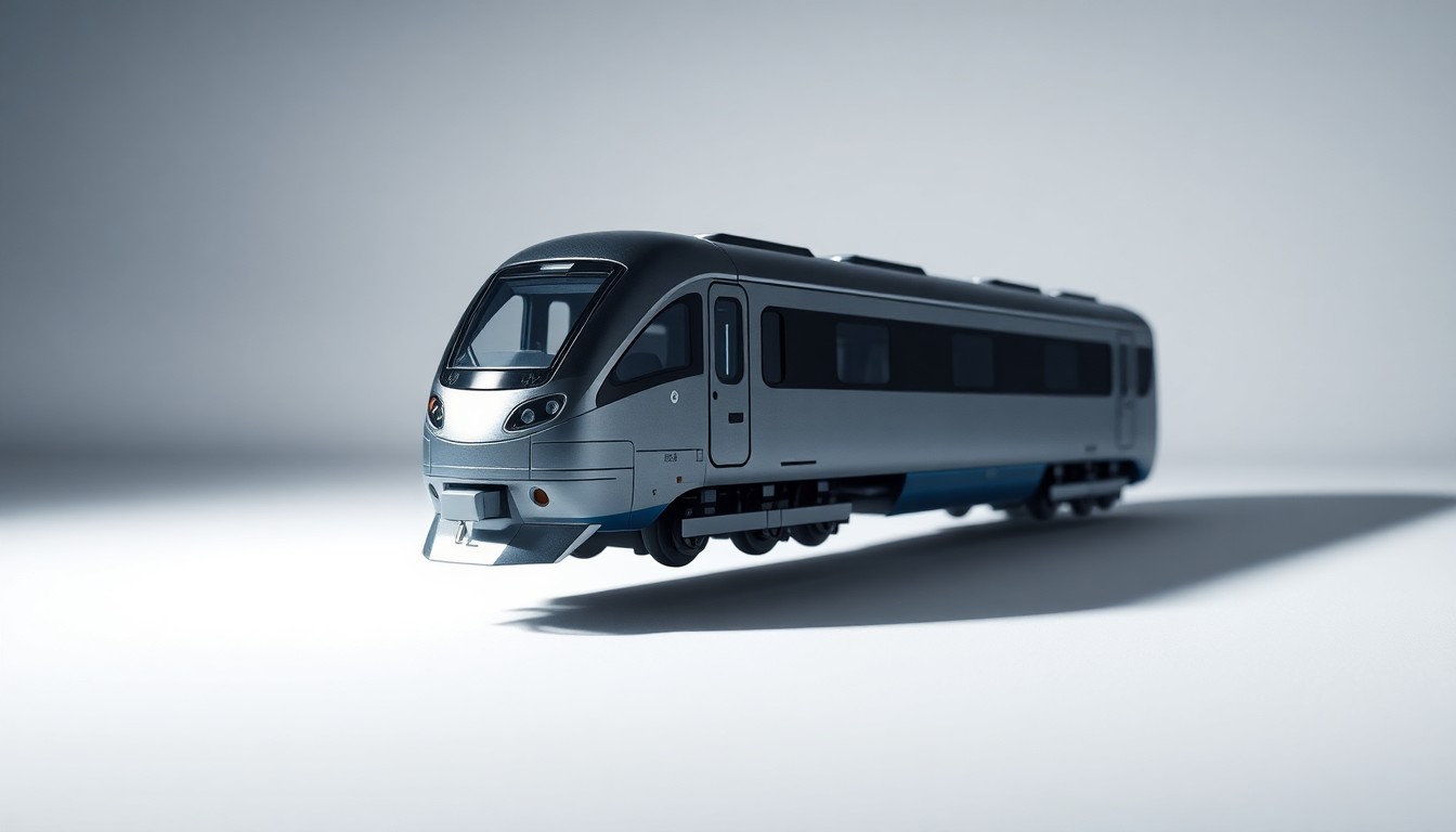 A minimalist, photorealistic studio still life featuring a polished metal and glass model of a modern train, floating on a clean, monochromatic background and dramatically lit to represent the abstract concepts of transportation infrastructure and economic development.