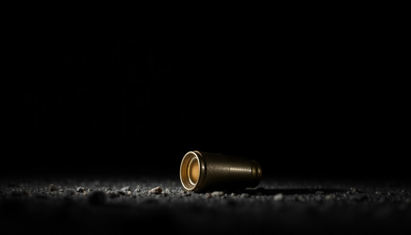 An extreme close-up of a single spent shell casing on the ground, reflecting a bright flash of light, conceptually illustrating the aftermath of a shooting incident.