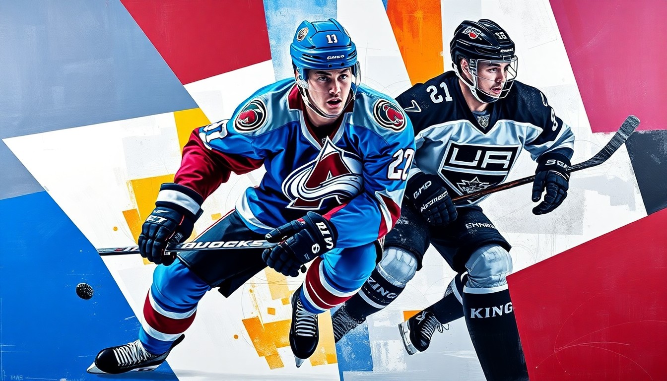 A fragmented, geometric painting depicting a hockey player in mid-motion, with sharp, overlapping planes of color representing the Avalanche and Kings team uniforms.