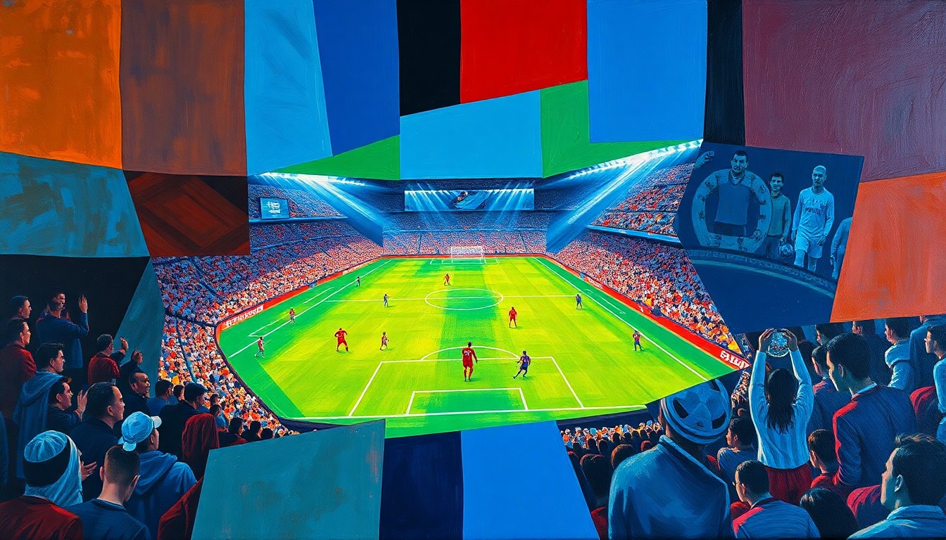 A cubist-style painting depicting a soccer match broken down into overlapping geometric shapes and planes in vibrant colors, conveying the disruption and chaos of a red card incident.