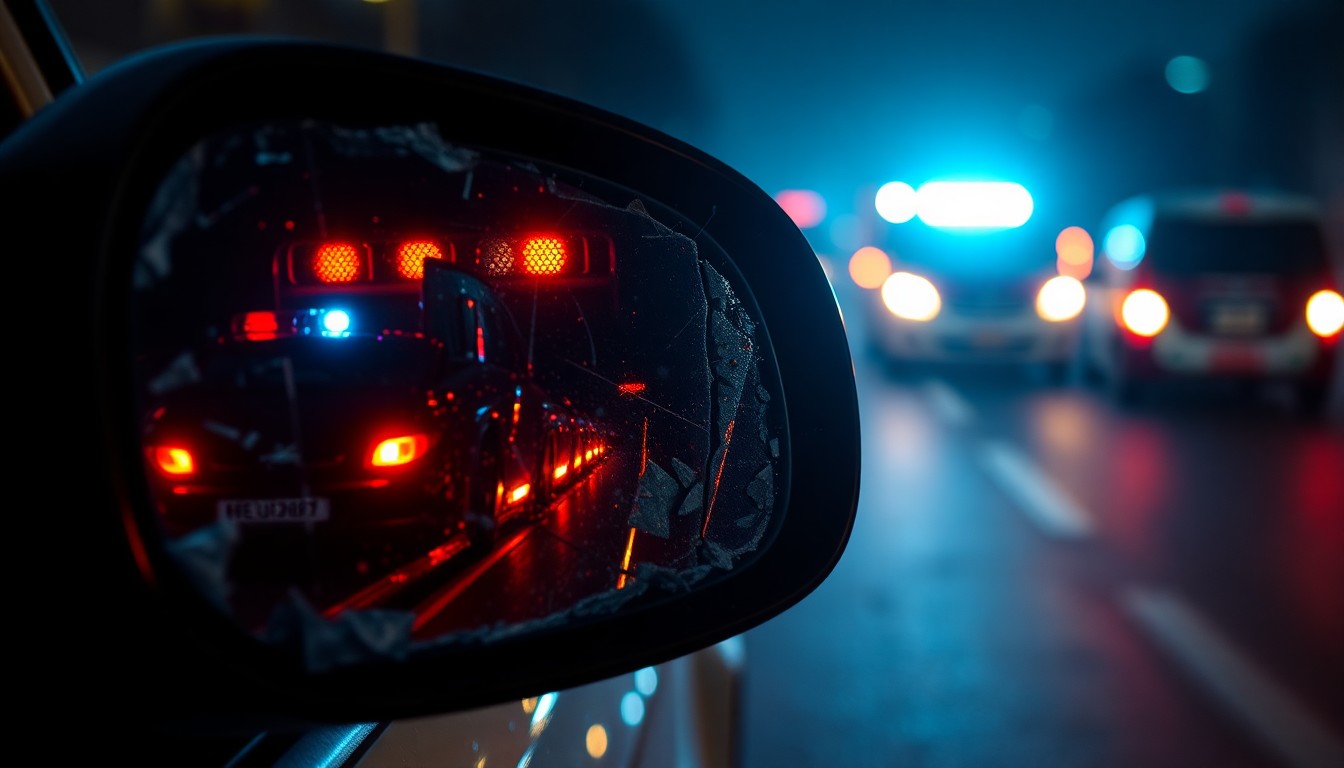 An extreme close-up photograph of a shattered car side mirror reflecting the flashing red and blue lights of emergency vehicles, conceptually illustrating the aftermath of a high-speed collision during a sideshow event.