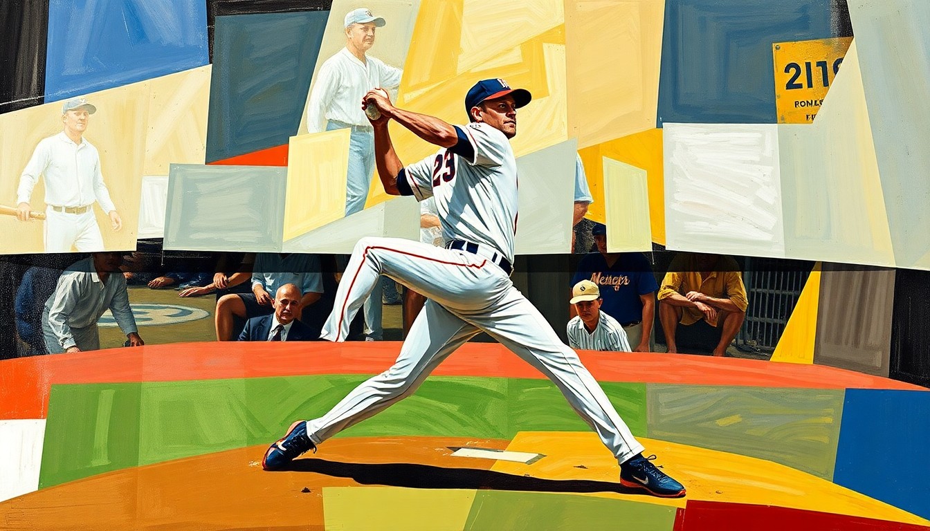 A cubist, geometric painting depicting Gerrit Cole's pitching motion broken down into overlapping planes of color, representing the complexity of his recovery process.