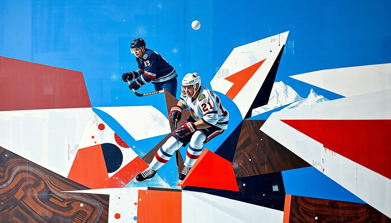 A fractured, cubist-style painting depicting a hockey player in mid-stride, stick raised, with the puck floating amidst sharp, overlapping geometric planes in shades of blue, white, and red, conveying the dynamic energy of playoff hockey.